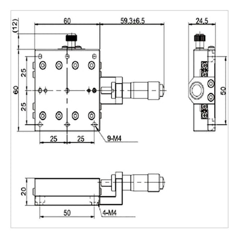Technical drawing of ✝️ Manual Linear Stage,Cross Roller X Axis Micrometer Fine Tuning Slide Table,60x60mm Precision Optical Trimming Station.