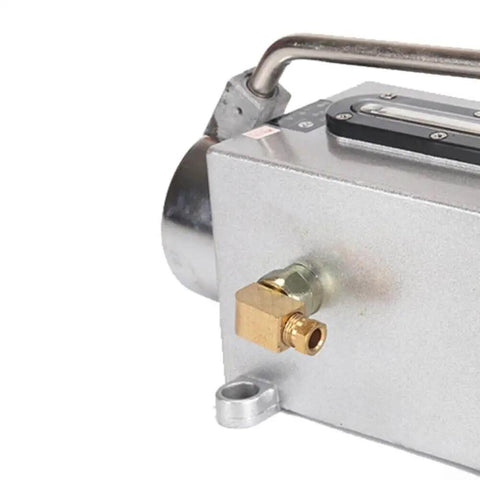 Close-up of Heavy Duty Manual Oil Pump For CNC Machines And Milling Lathes, 500cc aluminum alloy with brass fitting and discharge valve.
