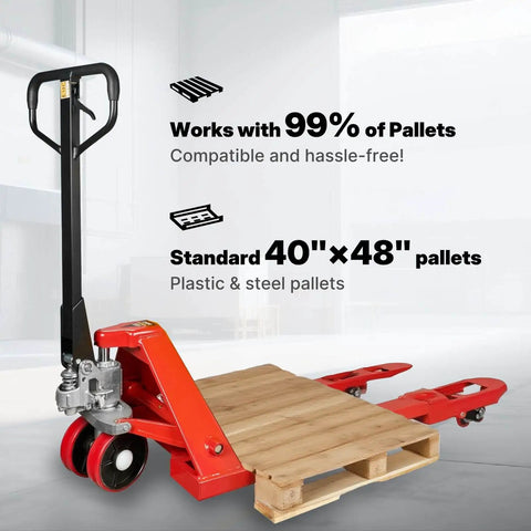 Heavy Duty Manual Pallet Jack Workhorse For Industrial Use With 5500 Lb Capacity And 48 Inch By 27 Inch Forks Durable PU Wheels Standard Duty Forklift For Warehouse And Factory Tasks NORTHSKY shown with pallet in factory setting