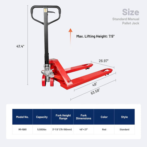 Heavy Duty Manual Pallet Jack Workhorse For Industrial Use With 5500 Lb Capacity And 48 Inch By 27 Inch Forks Durable PU Wheels Standard Duty Forklift For Warehouse And Factory Tasks NORTHSKY showing dimensions and features.
