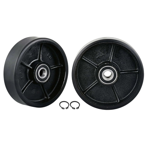 Manual pallet jack steering wheels set 7 x 2 inch with pre installed bearings, black polyurethane tread on cast iron, includes fasteners