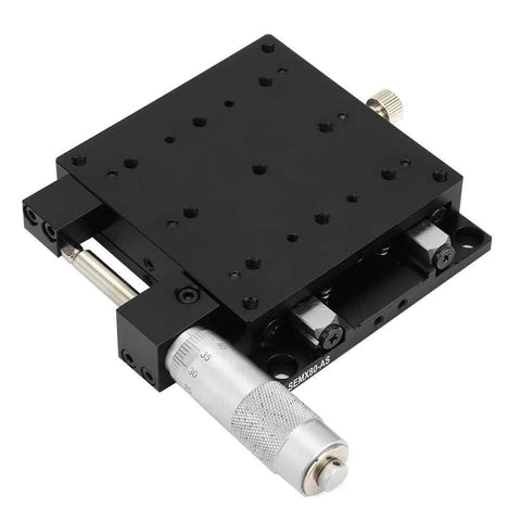 SEMX80-the Linear Step, 80x80mm X Axis Manual Precision Linear Stage, black metal stage with micrometer adjustment, top view