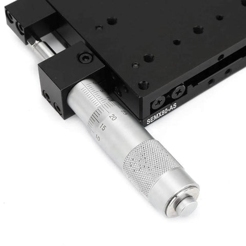 Close-up of SEMX80-the Linear Step, 80x80mm X Axis Manual Precision Linear Stage with cross roller guide and micrometer adjustment.