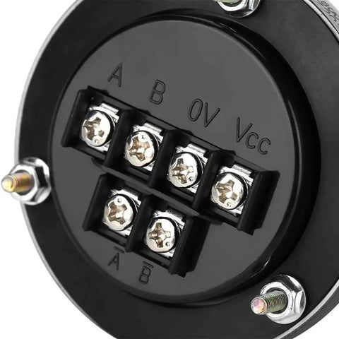 Back view showing terminals of the Pro Grade Handwheel Pulse Encoder For CNC Mills And Router Control, 60mm Diameter, 100PPR, 5V Aluminum Alloy, Black.
