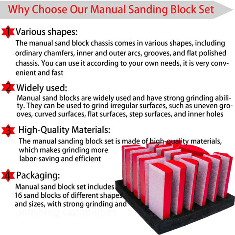 16 Piece Contoured Sanding Block Set With Interchangeable Hook And Loop Shapes featuring foam blocks in various shapes and sizes.
