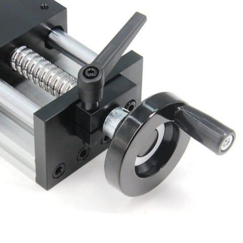 Close-up of 100mm Effective Travel Dual Optical Axis Manual Sliding Table with SFU1605 Ball Screw, Linear Rail Guide and Handwheel.
