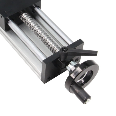 Close-up of 200mm Effective Travel Dual Optical Axis Manual Sliding Table with SFU1605 Ball Screw, Linear Rail Guide and Handwheel