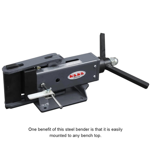 Manual Steel Bending Brake With Four Inch Capacity And 2.5 Ton Press Bench Top Mounted, shown from side view.