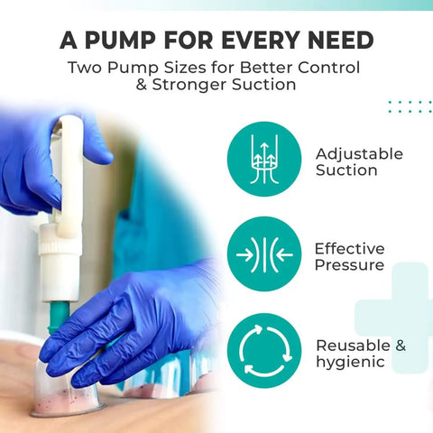 Five Pack Manual Suction Pump For Cupping Therapy Sets Pro Grade in use with gloves demonstrating strong suction and adjustable features