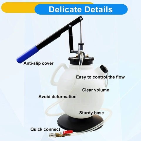 7.5 Liter Manual Transmission Fluid Pump Kit With 15 ATF Adapters shown with anti-slip cover and sturdy base.