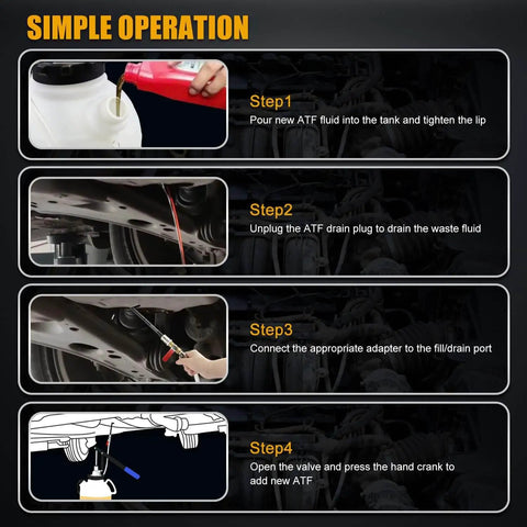 Steps for using 7.5L Manual Transmission Fluid Transfer Pump Kit With 15 ATF Adapters for spill-free automotive fluid transfer
