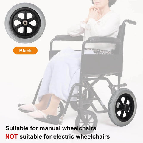 2 Pack 12 Inch Solid Plastic Spoked Wheelchair Replacement Wheels with Hard Rubber Tires installed on manual wheelchair