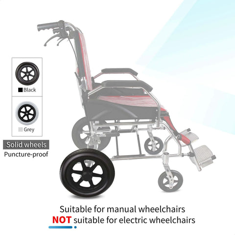 Side view of transport chair with 12 Inch Wheelchair Wheels Replacement 12 1/2 x 2 1/4 solid tire, manual use only.