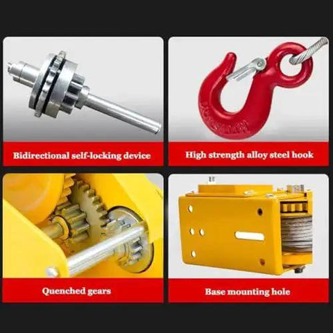 Hand winch parts: bidirectional self-locking unit, red alloy steel hook, yellow gear housing, base mounting hole.