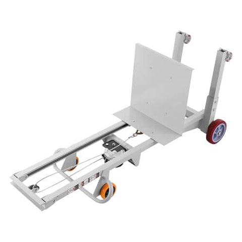 Material Lift Winch Stacker For Warehouse Use 400 Lb Capacity Pallet Truck Dolly 51.1 Inch Max Lift Height Manual Winch Stacker shown lying down with visible wheels and adjustable plate.