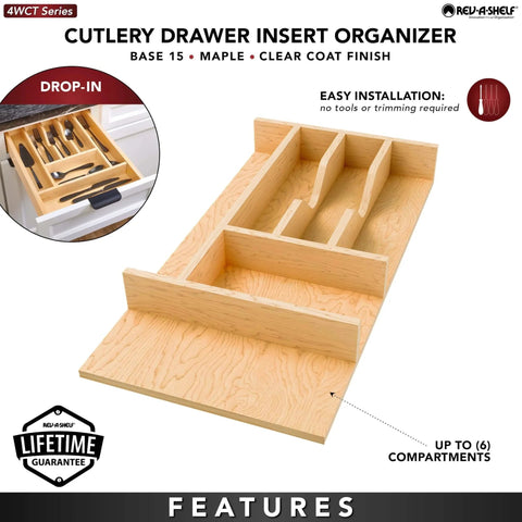 Natural Maple Right Size Utensil Insert Home Storage Kitchen Organizer 7 Compartment Drawer Accessory, 10-1/4" x 19-1/2, 4WCT-15SH-1