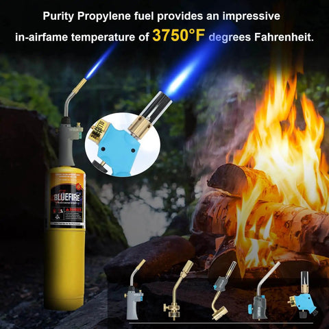 Modern MAPP Gas Cylinder 14.1 Oz For Brazing And Welding Hotter Than Propane With Longer Burning Time And Higher BTU From BLUEFIRE 3600F Max With Oxygen 4 Pack Bundles showing intense blue flame