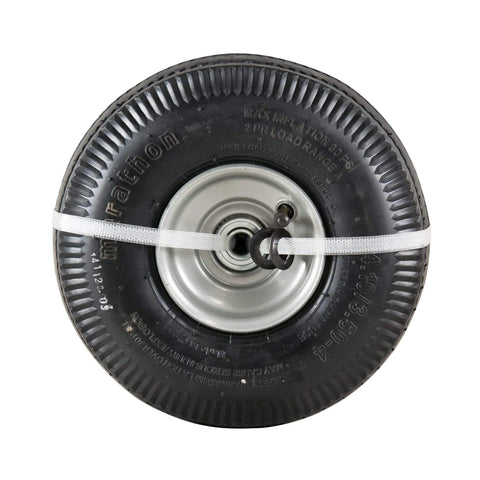 Top view of Marathon 02310 pneumatic air filled hand truck tire 4.10/3.50-4 inch with 2.25" offset hub and 5/8" bearings