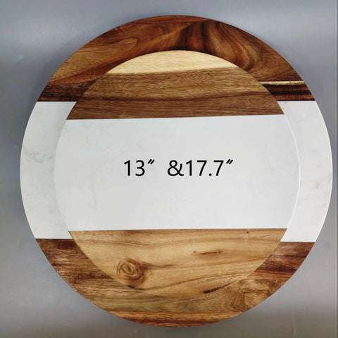 Large Marble And Acacia Wood Lazy Susan Turntable Rotating Serving Tray, 17.7 inch diameter, ideal for dining table centerpiece.