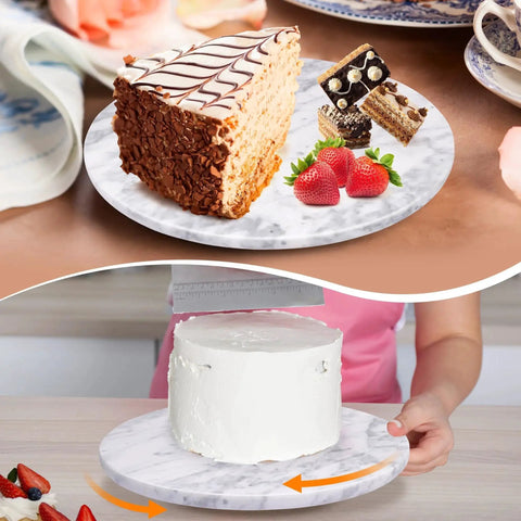12 Inch Marble Lazy Susan Cake Turntable For Decorating And Display Natural White Marble With Gray Veining Perfect For Cakes Cupcakes Cookies And Cheese