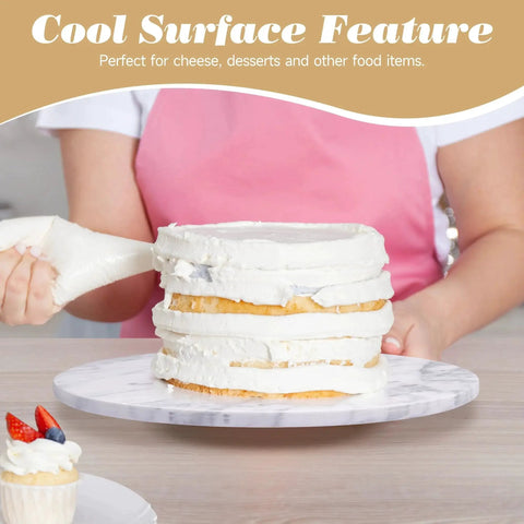 Baker using 12 Inch Marble Lazy Susan Cake Turntable For Decorating And Display Natural White Marble With Gray Veining Perfect For Cakes