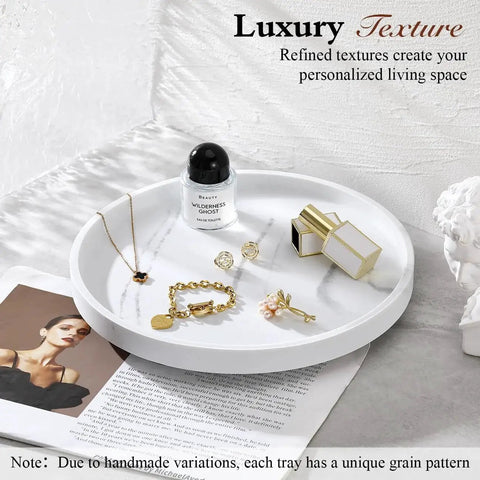 Image of 360 Degree Turntable Lazy Susan for Tabletop and Cabinet Organization Marble Round Tray with cosmetics and jewelry.