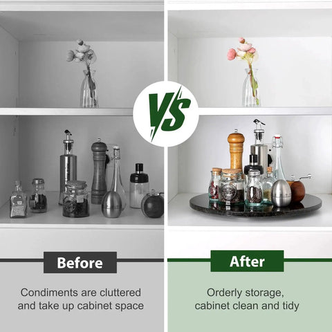 Comparison of cluttered vs. organized kitchen cabinet using Marble 16 Inch Lazy Susan Turntable Organizer For Cabinets Pantries Kitchen Counters Fridge And Vanity With Silent Smooth Rotation Anti Slip Rubber Feet And Durable Aluminum Bearing For Easy 360 Degree Access Black.