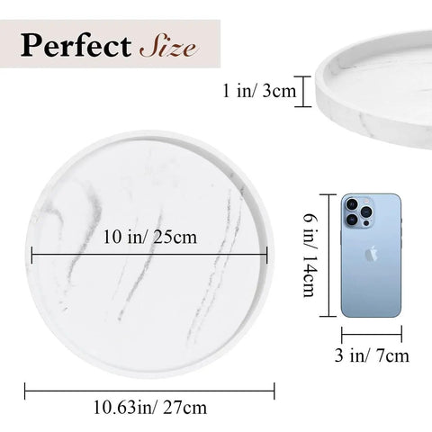 Dimensions of 360 Degree Turntable Lazy Susan for Tabletop and Cabinet Organization Marble Round Tray 10.63 Inch Non Slip Kitchen Pantry Organizer Rotating Bathroom Countertop Storage Gravel White shown with phone for scale.