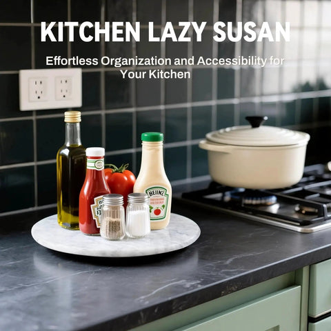 10 Inch Marble Lazy Susan With Silent Rotation For Countertop Kitchen Organization showcasing condiments and oils