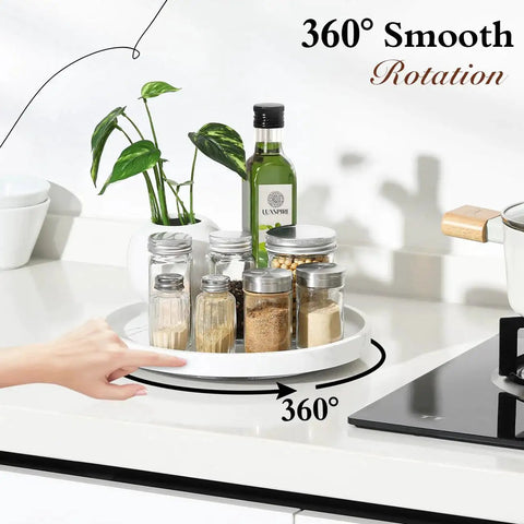 360 Degree Turntable Lazy Susan for Tabletop and Cabinet Organization Marble Round Tray with spices on kitchen counter