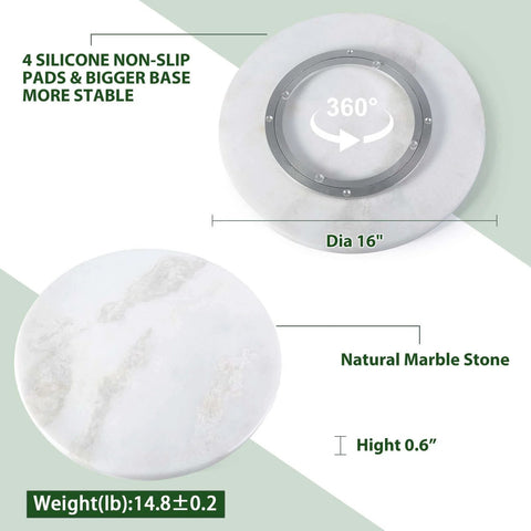 16 inch marble lazy susan turntable organizer made from natural stone, rotating tray top and bottom views with measurements.