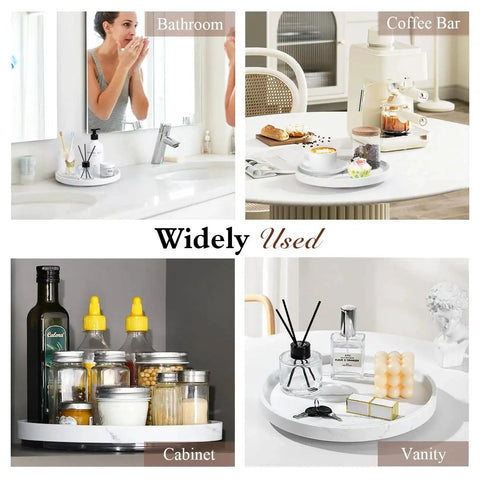 360 Degree Turntable Lazy Susan for Tabletop and Cabinet Organization Marble Round Tray 10.63 Inch Non Slip Kitchen Pantry Organizer Rotating Bathroom Countertop Storage Gravel White displayed in various uses like bathroom, coffee bar, cabinet, and vanity.