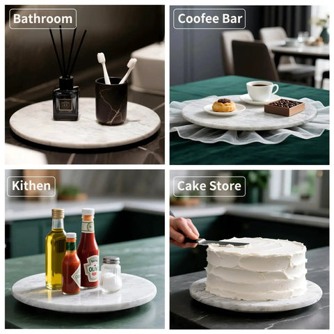 10 Inch Marble Lazy Susan With Silent Rotation used in bathroom, coffee bar, kitchen with condiments, and cake store for displays.