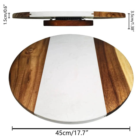 Large Marble And Acacia Wood Lazy Susan Turntable rotating serving tray, top and side view, 17.7 inch, heavy duty 360 spin platter