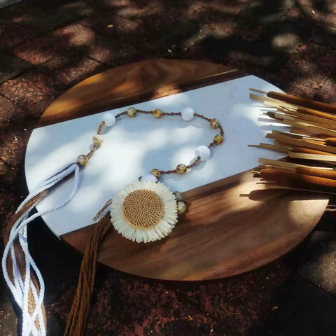 Large Marble And Acacia Wood Lazy Susan Turntable with decorative beads and flower accents