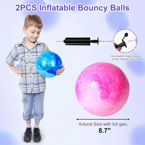 Boy holding a blue 2PCS Inflatable Playground Ball, 8.7 Inch Marbleized Bouncy Ball, with pink ball and pump shown