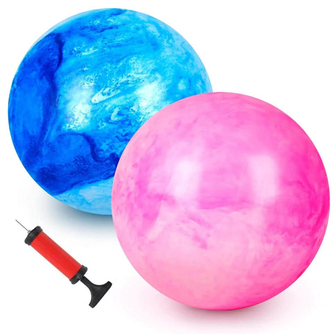 2PCS Inflatable Playground Balls, 8.7 Inch Marbleized Bouncy Balls in blue and pink with pump for Indoor Outdoor Ball Games.
