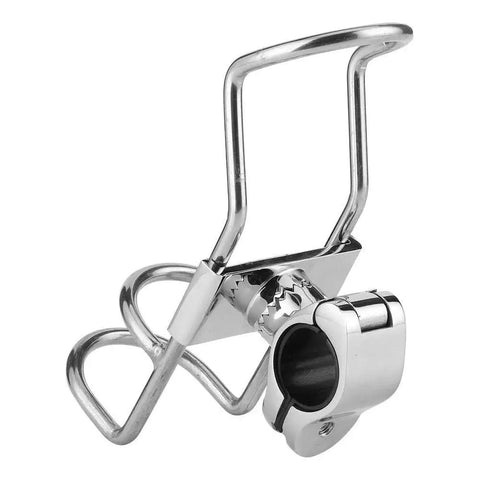 Front view of stainless steel fishing rod holder clamp with 360° adjustable rail mount and locking mechanism.
