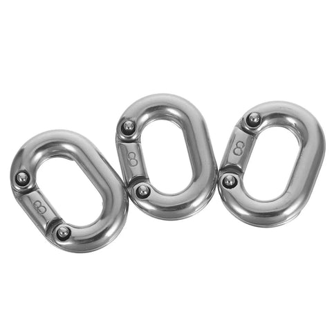 Three 8mm marine-grade 316 stainless steel quick links, front view