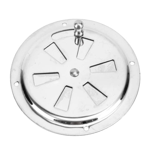 Front view of round stainless steel boat vent grille, 4-inch diameter, with central knob and six radial vent slots
