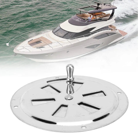 Close-up of round 4-inch stainless steel adjustable marine vent plate with slotted openings