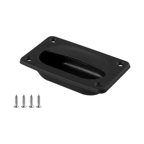 Front view of a black ABS deck latch with oval recessed handle and four mounting holes; includes four screws.