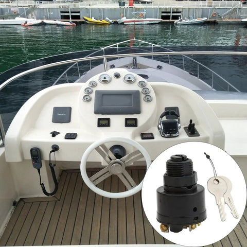 Marine ignition switch with keys installed on white boat helm; close-up inset shows the switch.
