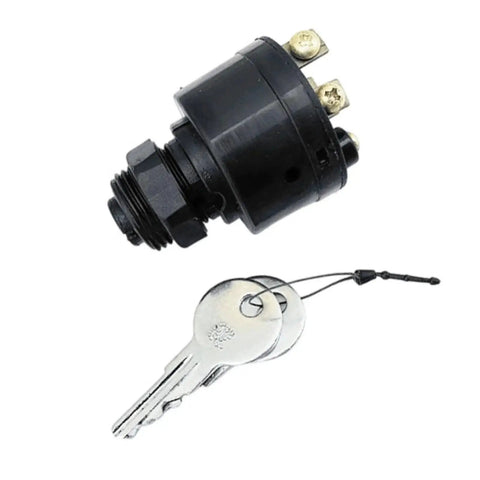 Ignition switch with black cylindrical housing, brass terminal posts, and two keys on a tether (front view)