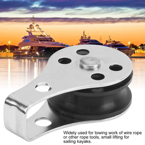 Front view of stainless steel bearing wheel pulley (25mm) with mounting holes and black wheel