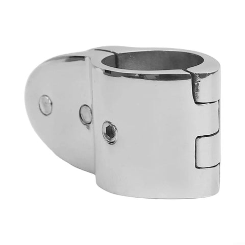 Bimini top rail mount clamp with hinged jaw, marine-grade 316 stainless steel, 25mm, close-up