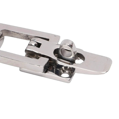 Close-up of flush-mount boat hatch latch in polished 316 stainless steel with keyhole