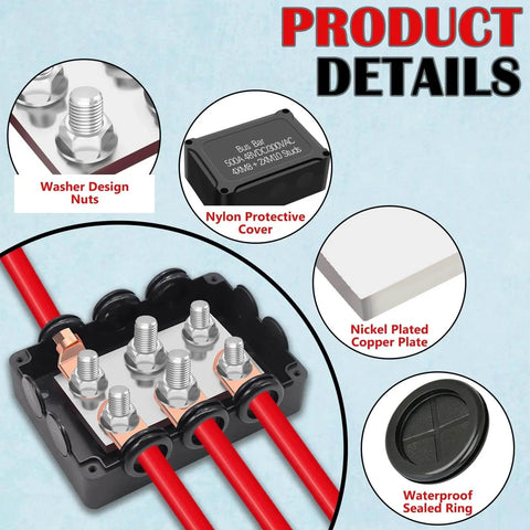 500A Marine Battery Bus Bar Heavy Duty Power Distribution Block with M8 and M10 Studs, washer design nuts, nylon cover details