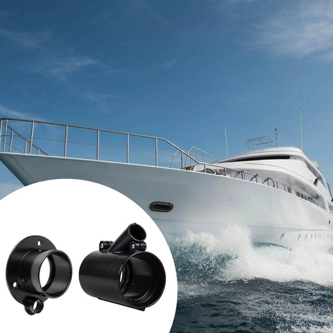 Outboard Rigging Hose Flange Union With Port Black Boat Cable Entry Sleeve And Rigging Tube For Marine Wiring Durable Weatherproof PP Material Easy Install Accessory For Yachts And Boats shown with yacht background.