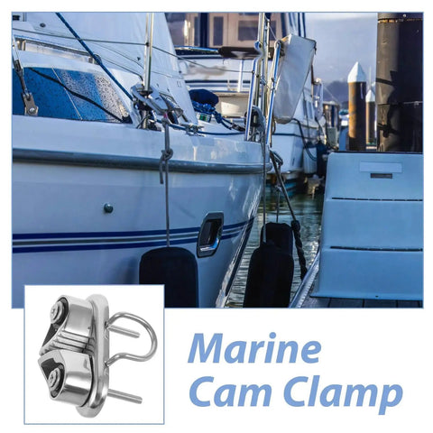 Stainless steel cam cleat (316 marine grade) with mounting bolts, close-up view